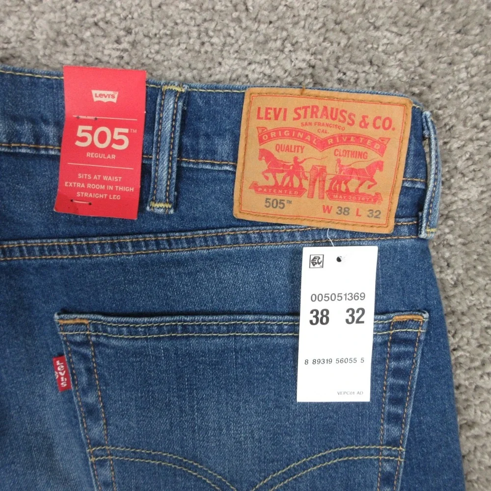 Levis Jeans Mens‎ 38x32 Blue 505 Regular Straight Faded Stretch Denim Pants NEW